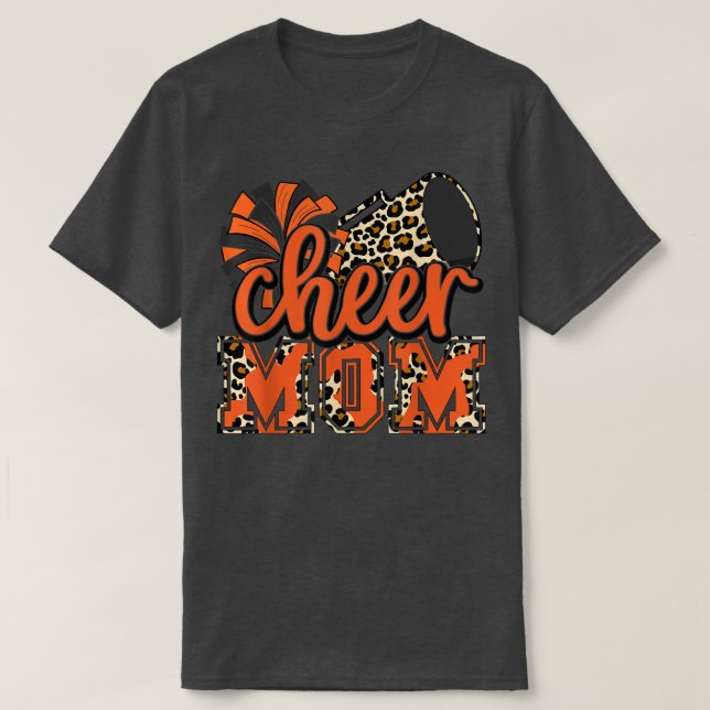 Camiseta Mãe Mãe Laranja Leopard Cheer Poms e Megaphone (Frente do Design)