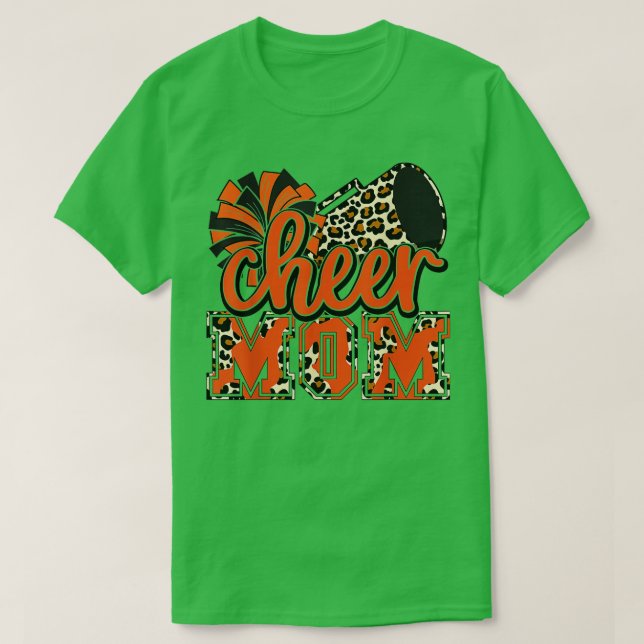 Camiseta Mãe Mãe Laranja Leopard Cheer Poms e Megaphone (Frente do Design)