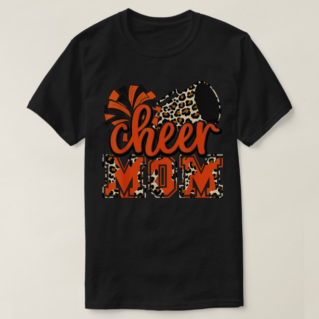 Camiseta Mãe Mãe Laranja Leopard Cheer Poms Megaphone (Frente do Design)
