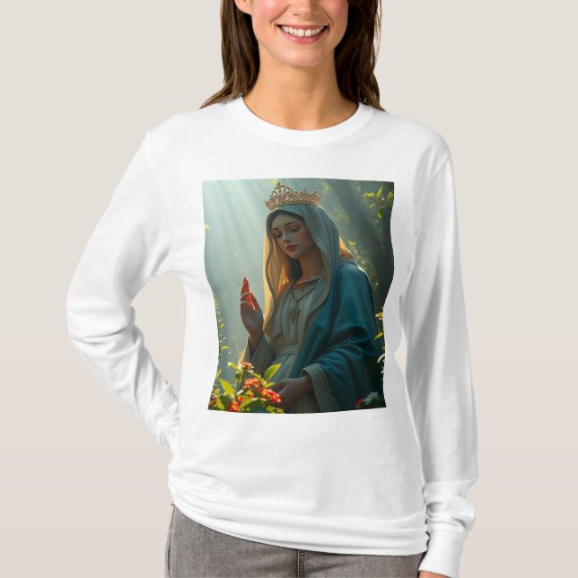 Camiseta Mãe Maria Rainha do Céu, Capa Longa de Mulher (Frente)