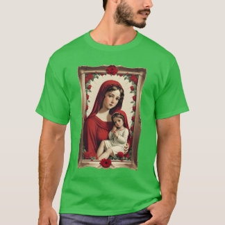 Camiseta Mãe Mary e Bebê Jesus em um quadro com Rosas b