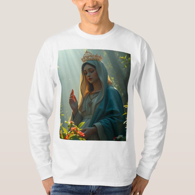 Camiseta Mãe Mary Rainha do Tee de Capa Longa dos Homens do (Frente)