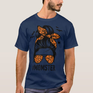 Camiseta Mãe Messy Bun Halloween Leopard Mulher Momster Fu