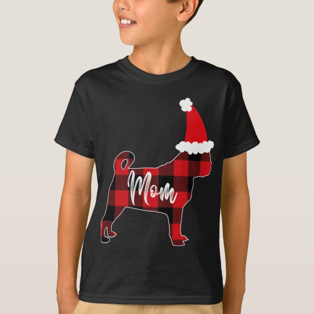 Camiseta Mãe Pug Cachorro Natal Mamãe Pajama Xadrez Vermelh (Frente)