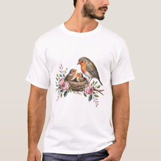 Camiseta Mãe robin alimentando pássaros bebês em ninho com