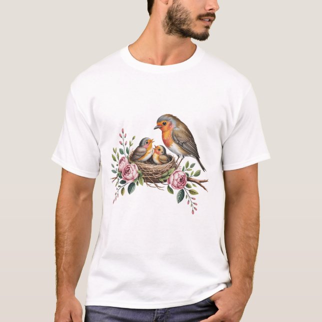 Camiseta Mãe robin alimentando pássaros bebês em ninho com  (Frente)