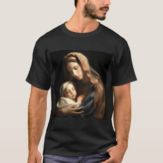 Camiseta Mãe Serena Segurando Criança em Brilho Suave e Aco