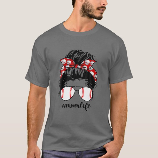 Camiseta Mãe Vida Baseball Vida Mensageira Bun Mamãe Engraç (Frente)