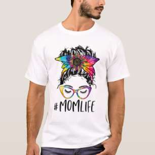 Camiseta Mãe Vida Mensagem Bun Tie Dye Óculos Bandana Mama