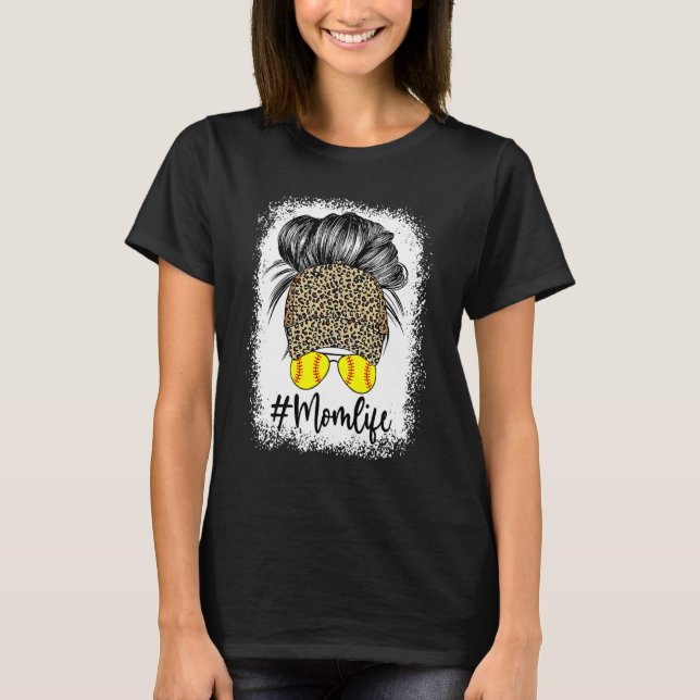 Camiseta Mãe Vida Softball Mensagem Bun Leopard Boné Mãe (Frente)