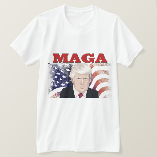 Camiseta MAGA American Flag Trump texto vermelho (Frente do Design)