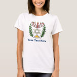 Camiseta Magen Persa David Menorah<br><div class="desc">Esta imagem foi adaptada de um antigo azulejo judeu persa e apresenta uma menorah com um Magen David (Estrela de David) enquadrado por ramos de oliveira. As imperfeições da imagem original pintada à mão foram preservadas.</div>