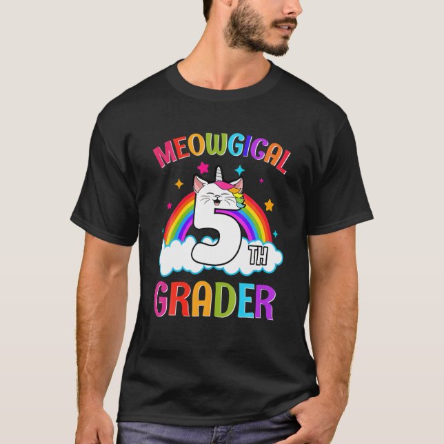Camiseta Magia Cat Unicorn Rainbow 5 Grau De Volta Para Sch (Frente)