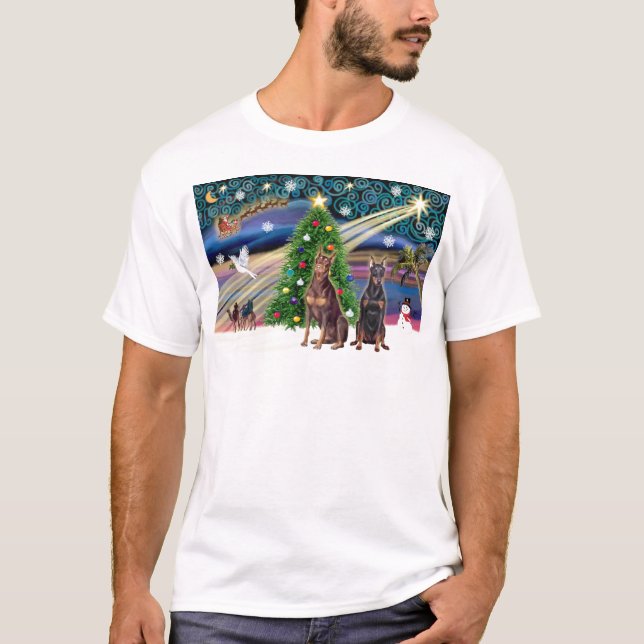 Camiseta Magia de Natal-Par Doberman (Frente)
