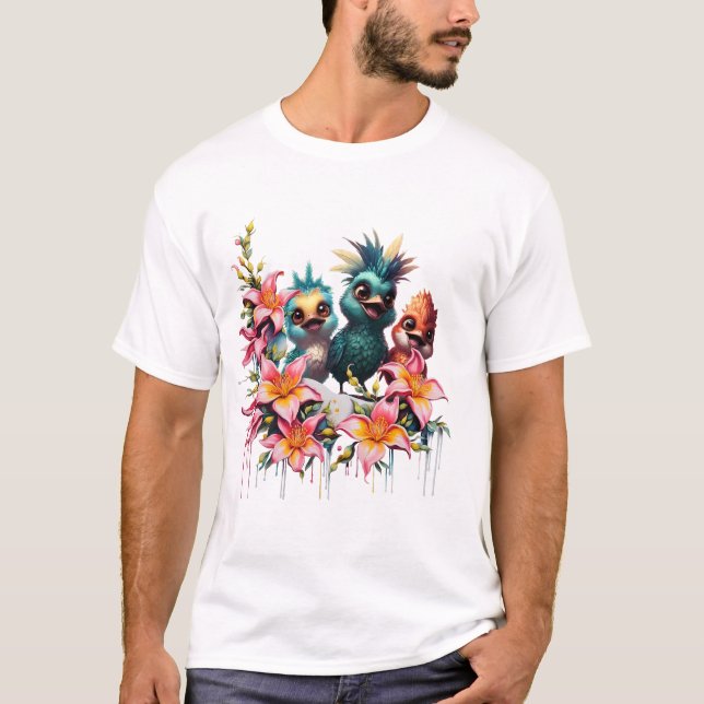 Camiseta Magia de pássaros num mar de ​ flores ​. (Frente)