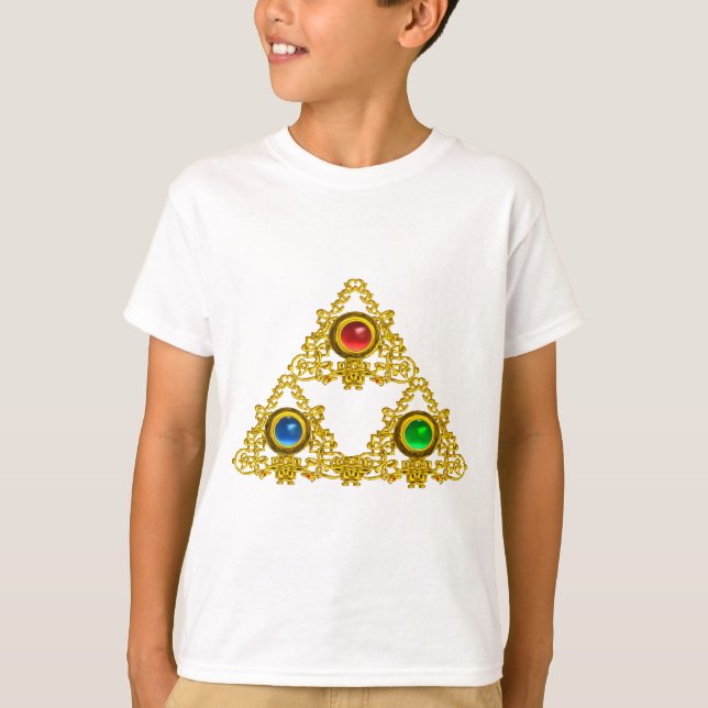 CAMISETA MÁGICO ELFIC TALISMAN/DOURADO TRIÂNGULO COM GEMSTO (Frente)