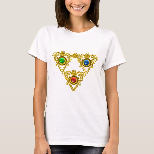 CAMISETA MÁGICO ELFIC TALISMAN/DOURADO TRIÂNGULO COM GEMSTO (Frente)