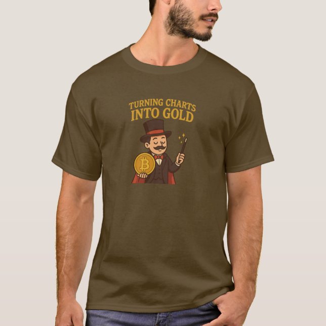 Camiseta Mago do Bitcoin que Transforma Gráficos em Ouro (Frente)