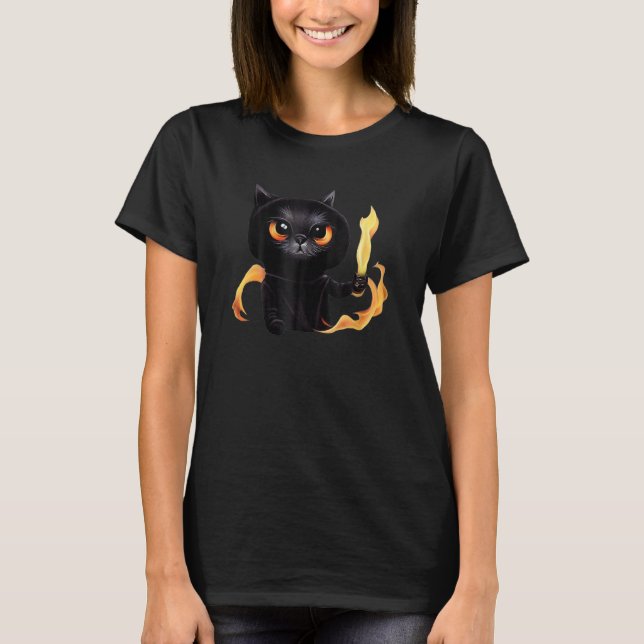 Camiseta Mago Gato Preto Fofo Com Poder De Fogo Para Anima (Frente)