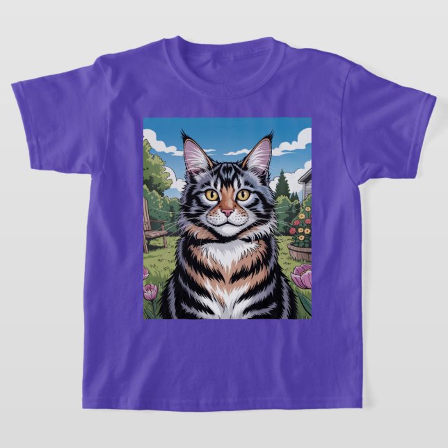 Camiseta Maine Cat In Yard Purple T Shirt (Postura )
