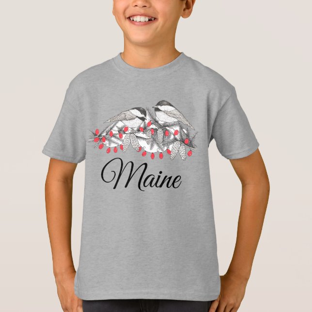 Camiseta Maine Chickadee Bird Feriado de inverno Neve (Frente)