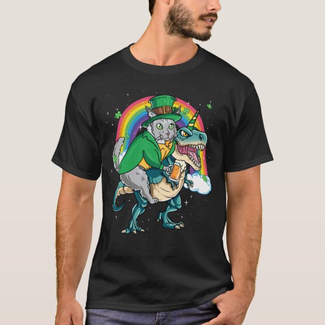 Camiseta Maine Coon Beer Dino Rex Horn Rainbow Cat (Frente)