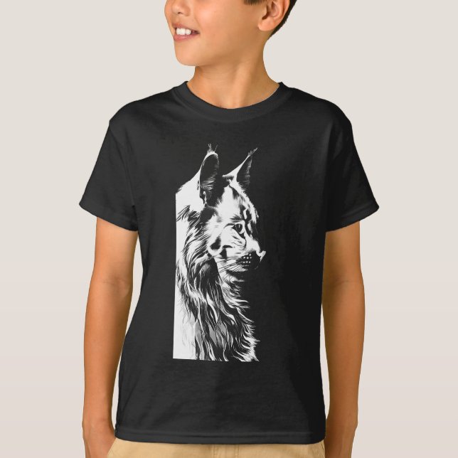 Camiseta Maine Coon Boy's Black T-Shirt Kids' Cat Print (Frente)