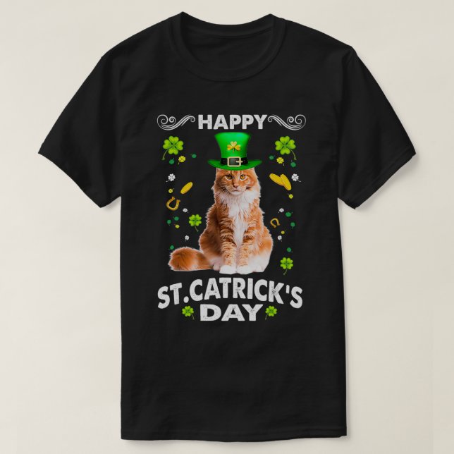 Camiseta Maine Coon Cat Feliz Rua Carrinhos Dia St Patricks (Frente do Design)