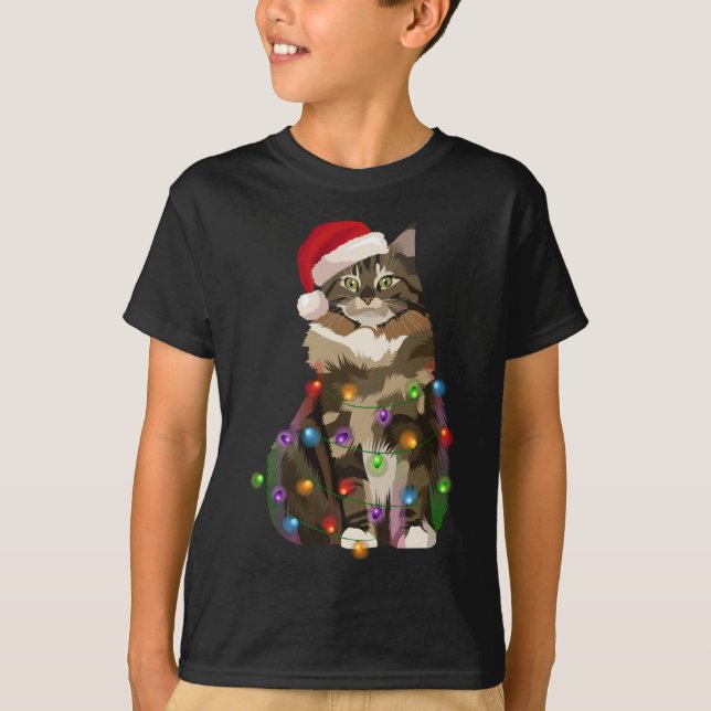 Camiseta Maine Coon Cat Luzes de Natal Xmas Cat Lover (Frente)