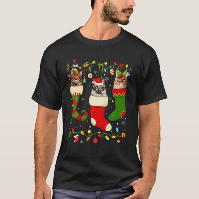 Camiseta Maine Coon Divertido A Balançar Meias De Natal (Frente)