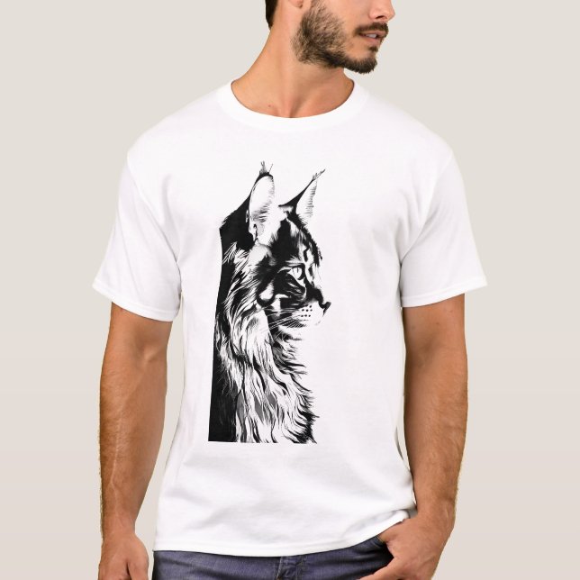 Camiseta Maine Coon T-Shirt: White Tee Black & White Cat (Frente)