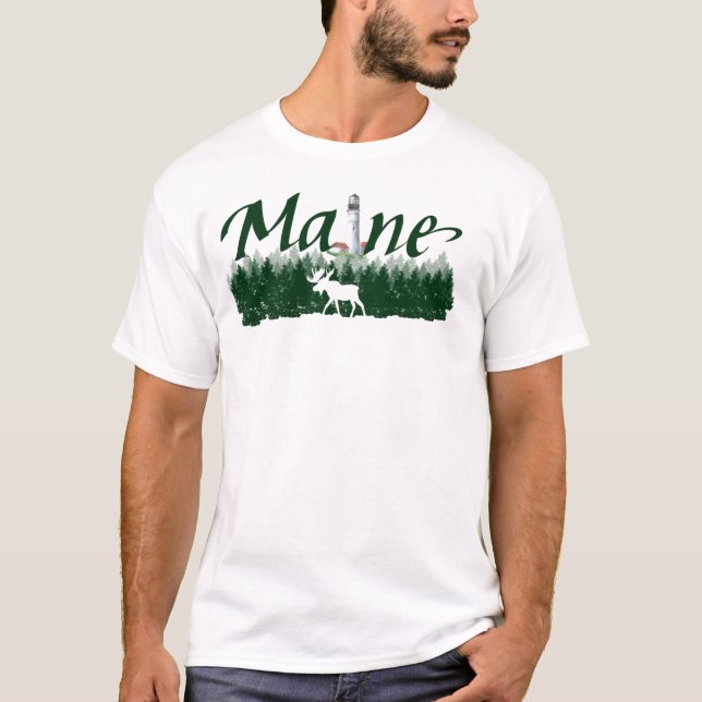 Camiseta Maine, farol, pinheiros, alce de silhueta (Frente)