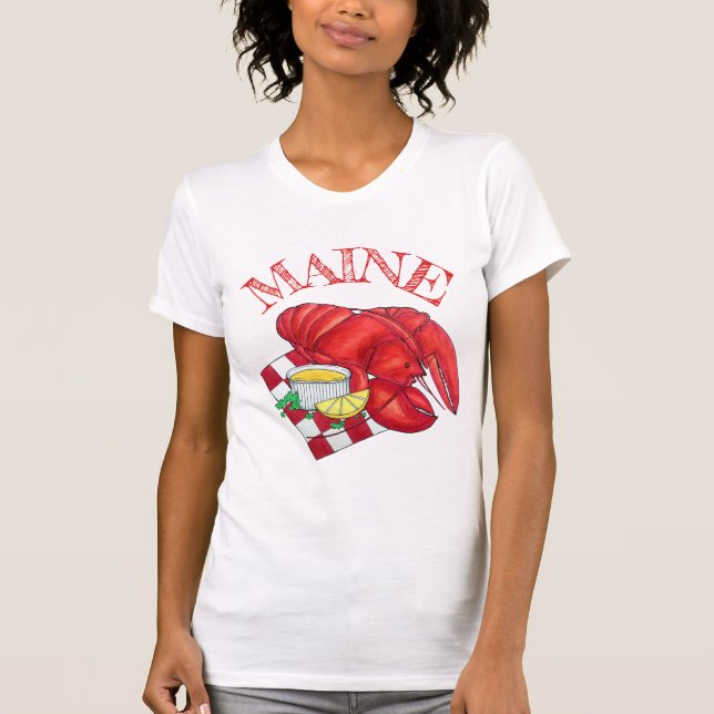 Camiseta Maine Lagosta Janta marisco Vermelho Gingham (Frente)
