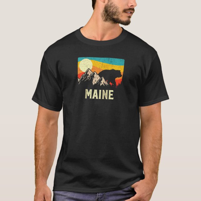 Camiseta Maine Nature Wild Bear Retro Sunset Hiking Raglan (Frente)