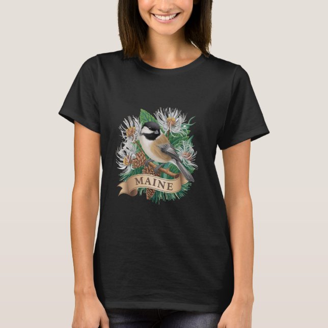Camiseta Maine Pássaro Chickadee de Casca de Casca Preta e  (Frente)