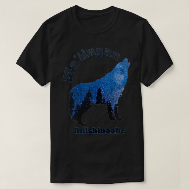 Camiseta Maingan Anishinaabe Ojibwe Chippewa Language Wolf (Frente do Design)