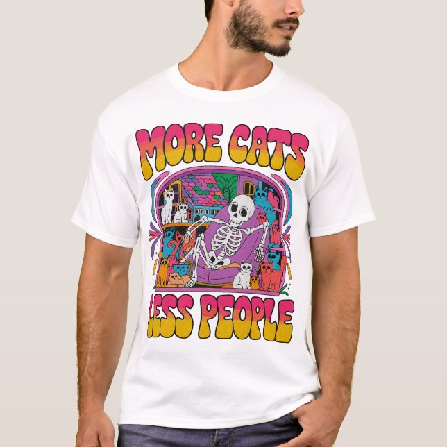 Camiseta Mais Gatos Menos Pessoas Esqueleto Engraçado com K (Frente)