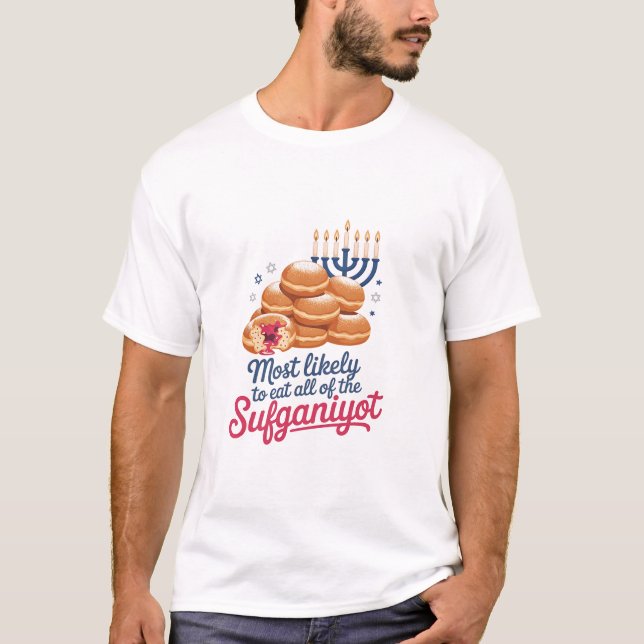 Camiseta Mais propenso a comer todo o judeu Sufganiyot Hanu (Frente)