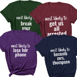 Camiseta Mais Provável A Viagem De Rapariga De Festa de sol<br><div class="desc">Celebrar o seu esquadrão de meninas com a nossa mais provável Festa de solteira de uma camiseta personalizada! Estas camisas são a adição perfeita às férias das vossas raparigas, acrescentando um toque de humor e unidade à celebração. Projetadas com um tema "Mais Provável para" divertido e correspondente, estas camisetas personalizadas...</div>