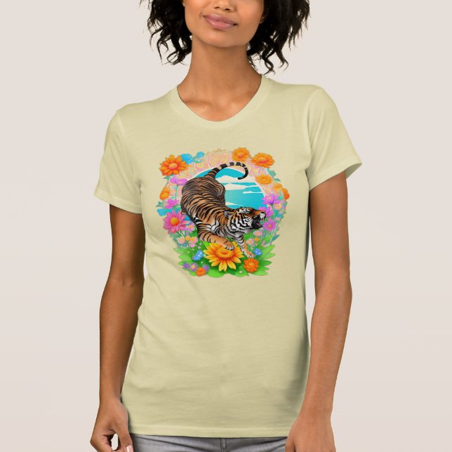 Camiseta Majestic Tiger in Tropical Floral Garden Retro  (Frente)