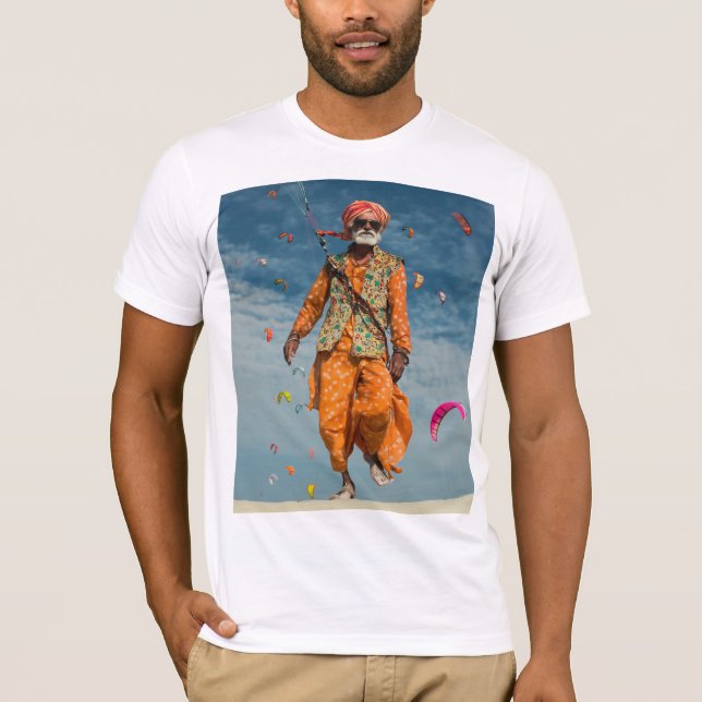Camiseta Majestoso índio Kite Elder voando na praia (Frente)
