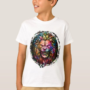 CAMISETA MAJESTOSO LEÃO ROSNANDO ABSTRATO GEOMÉTRICO COLORI
