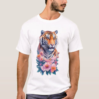 Camiseta Majestoso Retrato de Tigre com Peônias Rosas