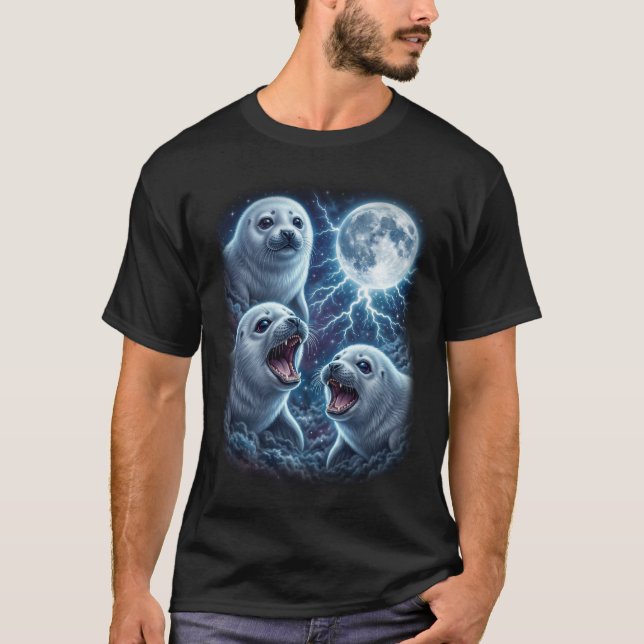 Camiseta Majestoso Três Foca Bebê Lua Relâmpago Oceano  (Frente)
