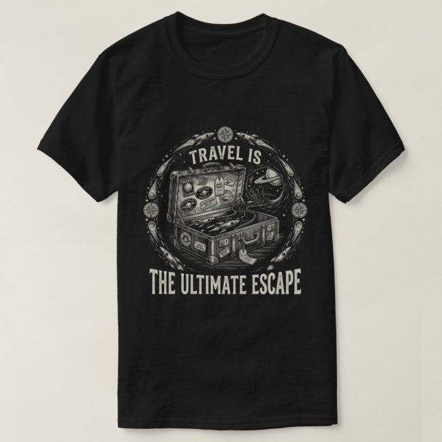 Camiseta Mala de Viagem Espacial Retro - A Fuga Definitiva (Frente do Design)