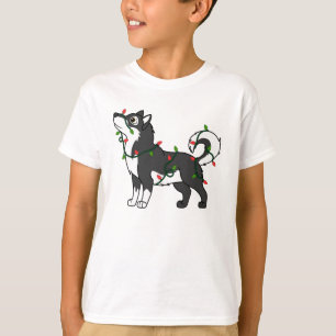Camiseta Malamute do Alasca preto com luzes de Natal