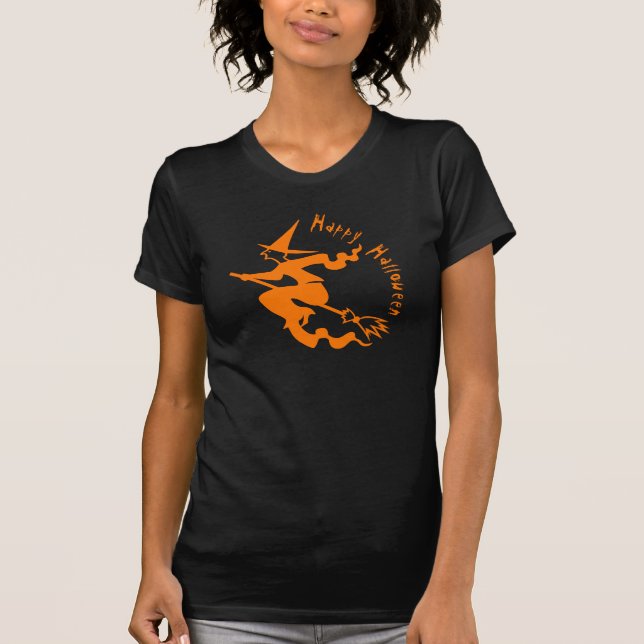 Camiseta Maldita Bruxa Voadora Feliz Halloween Laranja Negr (Frente)