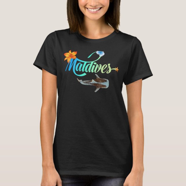 Camiseta Maldivas Shark Hibiscus Palms Beach Souvenir (Frente)