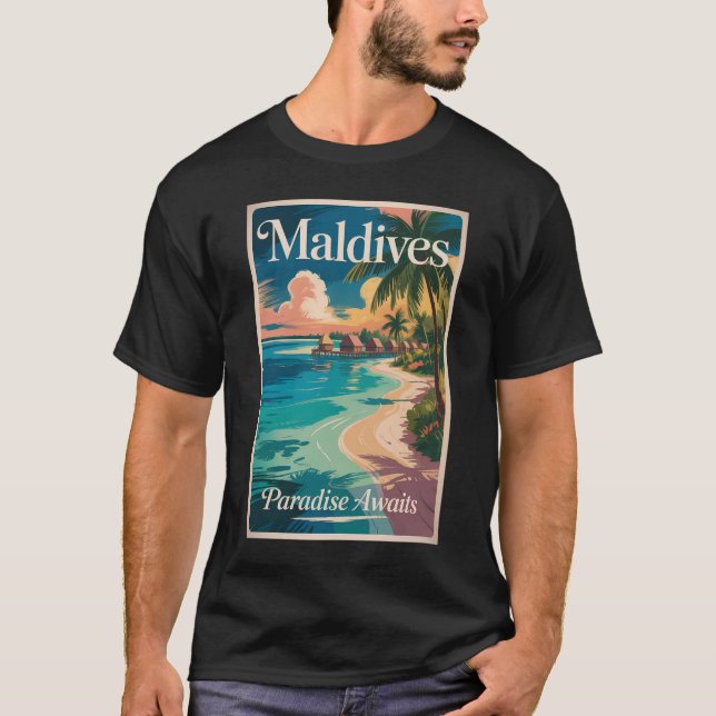 Camiseta Maldives Beach Illustration Travel Art Vintage (Frente)