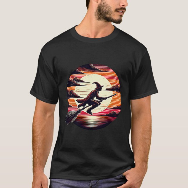 Camiseta Male Witch cavalgando Broom na ilustração da arte  (Frente)